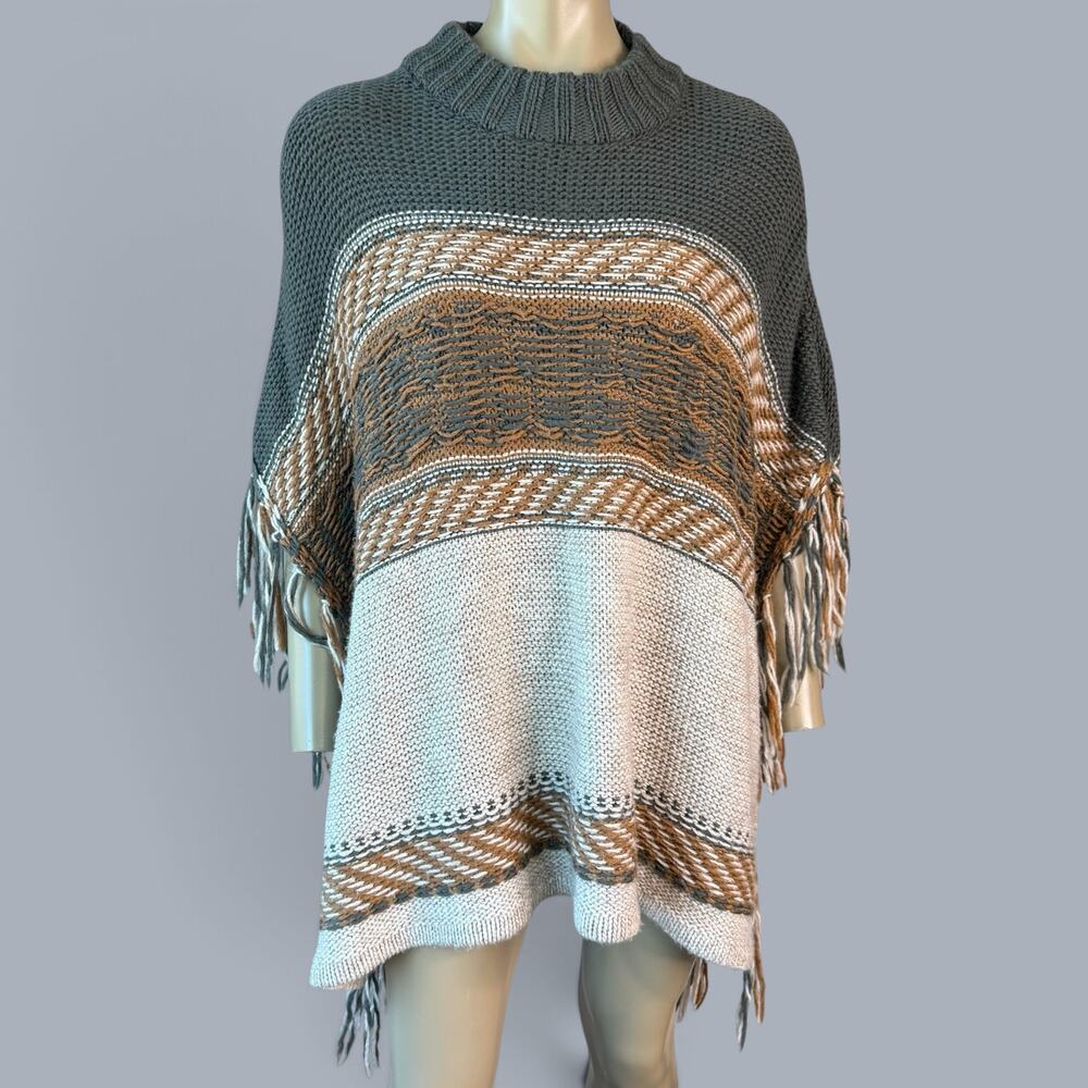 Mystree Wool Blend Knit Sweater Poncho Shawl One Size Striped Fringed Pullover